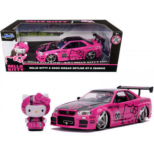 2002 Nissan Skyline GT-R (BNR34) RHD (Right Hand Drive) Pink Metallic and Black with Hello Kitty Diecast Figurine 1/24 Diecast Model Car by Jada