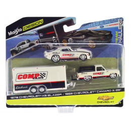 1979 Chevrolet K5 Blazer White and Black and 1968 Chevrolet Camaro Z/28 White with Stripes with Enclosed Car Trailer 