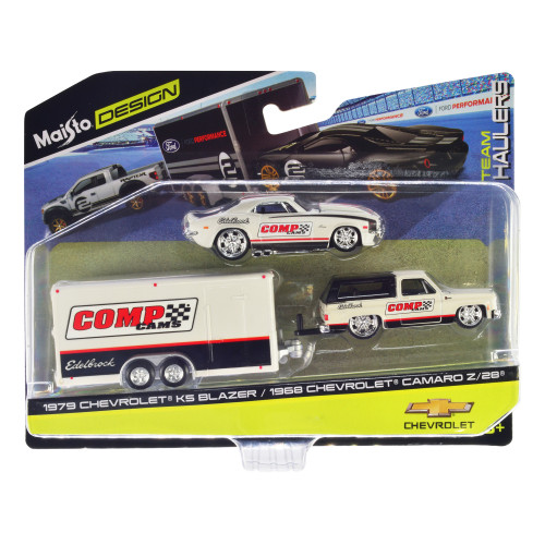 1979 Chevrolet K5 Blazer White and Black and 1968 Chevrolet Camaro Z/28 White with Stripes with Enclosed Car Trailer 