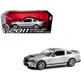 2011 Shelby GT500 Ingot Silver Metallic with Black Stripes 1/18 Diecast Model Car by Greenlight
