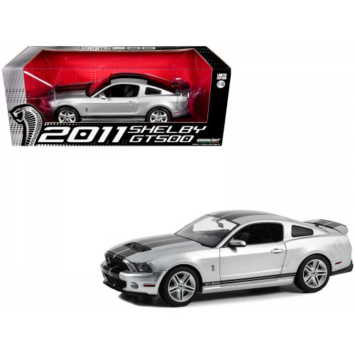 2011 Shelby GT500 Ingot Silver Metallic with Black Stripes 1/18 Diecast Model Car by Greenlight