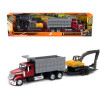 International Lonestar Dump Truck Red and Tracked Excavator Yellow with Flatbed Trailer