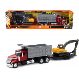 International Lonestar Dump Truck Red and Tracked Excavator Yellow with Flatbed Trailer 