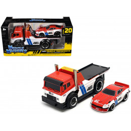 JDM Flatbed Truck #46 Red and White with Blue Stripes and 1972 Datsun 240Z #46 Red and White with Blue Stripes 