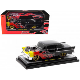 1957 Chevrolet 150 Sedan Black with Flames Graphics Limited Edition to 4250 pieces Worldwide 1/24 Diecast Model Car by M2 Machines