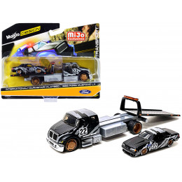 International DuraStar Flatbed Truck #22 and 1988 Ford Mustang LX #22 Matt Black with Gray Graphics 
