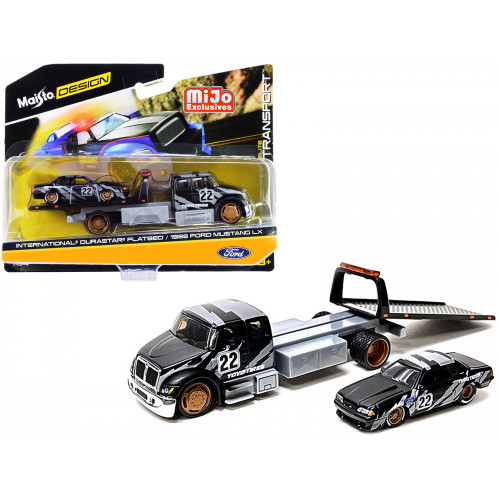International DuraStar Flatbed Truck #22 and 1988 Ford Mustang LX #22 Matt Black with Gray Graphics 