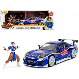 1993 Mazda RX-7 Candy Blue Metallic with Graphics and Chun-Li Diecast Figure 