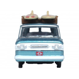 1961 Chevrolet Corvair Greenbrier Passenger Wagon Van Turquoise Metallic and Cameo White with Surfboards on Roof 1/87 (HO) Scale Diecast Model Car by Oxford Diecast
