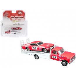 Ford F-350 Ramp Truck #38 Red and White with 1969 Ford Mustang Trans Am #38 Red 