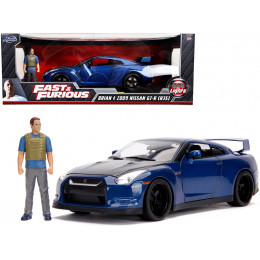 2009 Nissan GT-R (R35) Blue Metallic and Carbon with Lights and Brian Figurine 