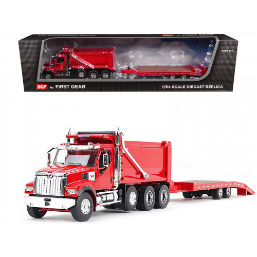 Western Star 49X Truck with Ox Bodies Dump & Beaver Tail Trailer Viper Red 1/64 Diecast Model by DCP/First Gear