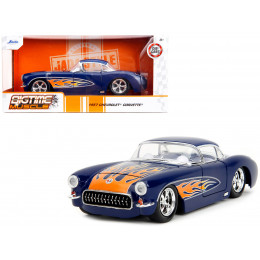 1957 Chevrolet Corvette Dark Blue with Flame Graphics and White Interior 