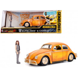 Volkswagen Beetle Weathered Yellow with Robot on Chassis and Charlie Diecast Figurine 