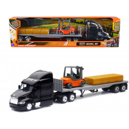 Peterbilt 387 Truck with Flatbed Trailer Black with Forklift and Hay Bales 