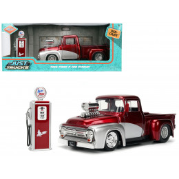 1956 Ford F-100 Pickup Truck Red Metallic with Silver Accents and Jada Gas Pump 