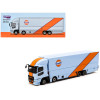 Mitsubishi Fuso Truck with Transporter Light Blue with Orange Stripes