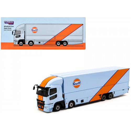 Mitsubishi Fuso Truck with Transporter Light Blue with Orange Stripes 