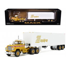 Mack R-Model Day Cab and 40' Vintage Trailer Yellow with Red Stripes and White Top 