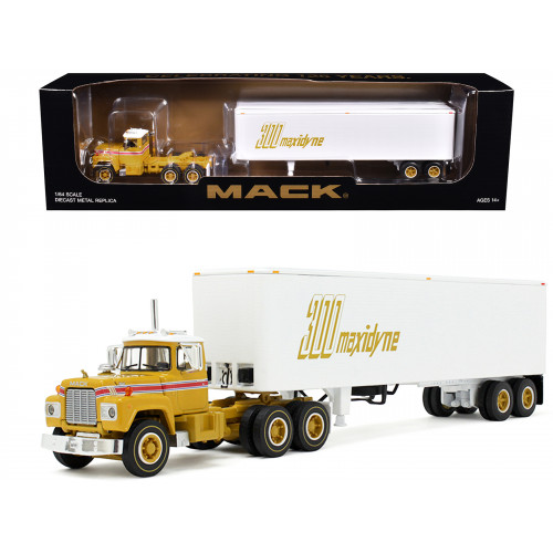 Mack R-Model Day Cab and 40' Vintage Trailer Yellow with Red Stripes and White Top 