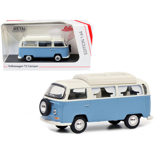 Volkswagen T2 Camper Bus Light Blue and White 1/64 Diecast Model Car by Schuco