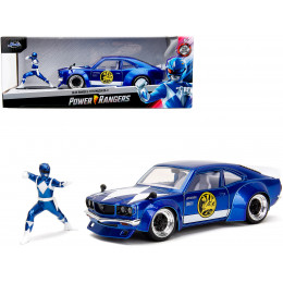 1974 Mazda RX-3 Candy Blue with White Interior and Graphics and Blue Ranger Diecast Figure 