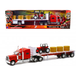 Peterbilt 389 Flatbed Truck Red with Farm Tractor Red and Hay Bales 
