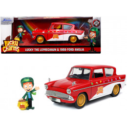 1959 Ford Anglia Red and White with Lucky the Leprechaun Diecast Figurine 