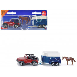 Jeep Red with Horse Trailer Blue and Horse Accessory Diecast Model by Siku