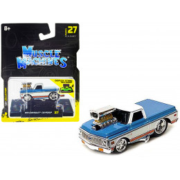 1972 Chevrolet C10 Pickup Truck Blue and White with Stripes 1/64 Diecast Model Car by Muscle Machines