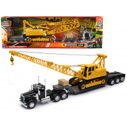 Kenworth W900 Truck with Lowboy Trailer Black and Crane Yellow 