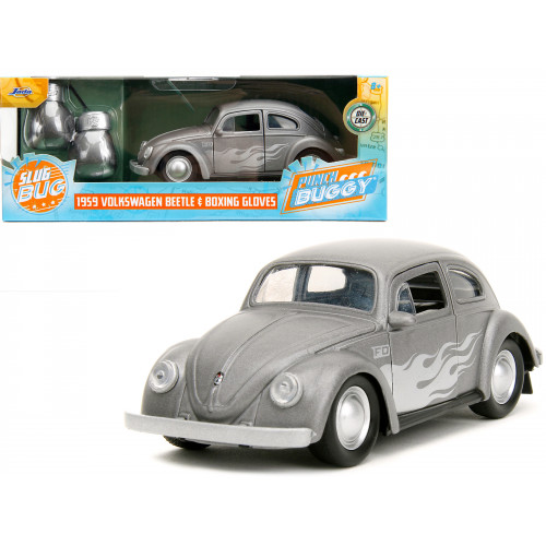 1959 Volkswagen Beetle Gray Metallic with Silver Flames and Boxing Gloves Accessory 