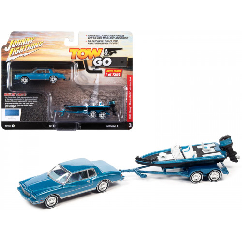 1980 Chevrolet Monte Carlo Bright Blue Metallic with Blue Interior with Bass Boat and Trailer Limited Edition to 7264 pieces Worldwide 
