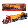 Peterbilt 379 Dump Truck Red and Wheel Loader Yellow with Flatbed Trailer