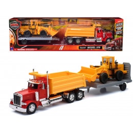 Peterbilt 379 Dump Truck Red and Wheel Loader Yellow with Flatbed Trailer 