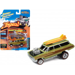 1964 Ford Country Squire Surfin' Lime Metallic with Woodgrain Panels and Surfboard on Roof 