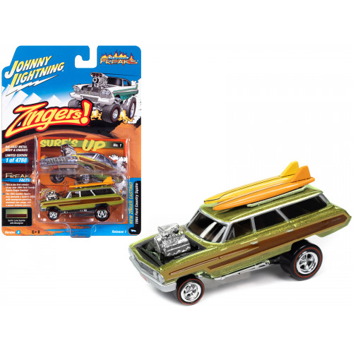 1964 Ford Country Squire Surfin' Lime Metallic with Woodgrain Panels and Surfboard on Roof 