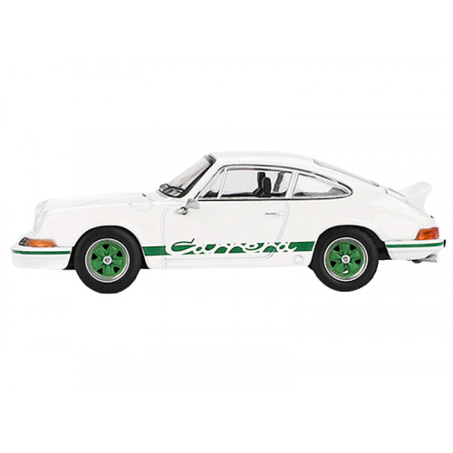 Porsche 911 Carrera RS 2.7 Grand Prix White with Green Stripes and Wheels Limited Edition 1/64 Diecast Model Car by Mini GT