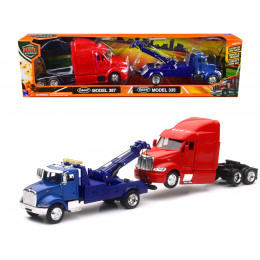 Peterbilt Model 335 Tow Truck Blue and Peterbilt Model 387 Cab Red Set of 2 Pieces 1/43 by New Ray