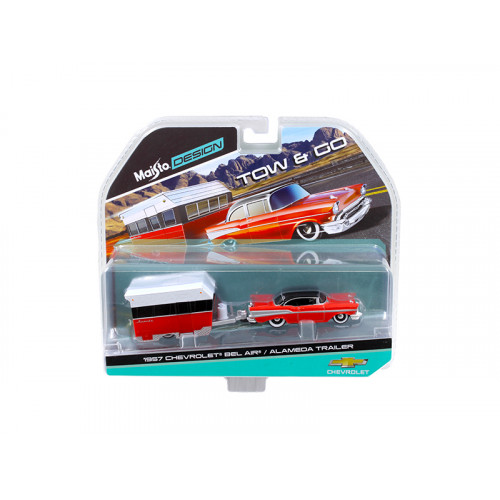 1957 Chevrolet Bel Air with Alameda Trailer Red Tow & Go 1/64 Diecast Model by Maisto