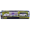 Volkswagen Samba Bus Dark Gray Metallic and White with Volkswagen Beetle White Metallic and Enclosed Car Trailer Silver
