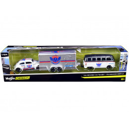 Volkswagen Samba Bus Dark Gray Metallic and White with Volkswagen Beetle White Metallic and Enclosed Car Trailer Silver 
