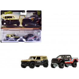 Ford Bronco R Gold Metallic and Black and 2017 Ford F-150 Raptor Pickup Truck #17 Black with Stripes 