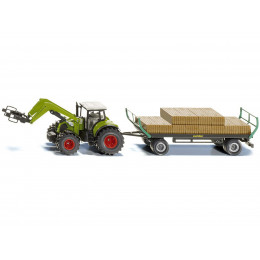 Claas Tractor with Square Bale Grab Green and Oehler Bale Trailer with 12 Hay Bales 1/50 Diecast Model by Siku