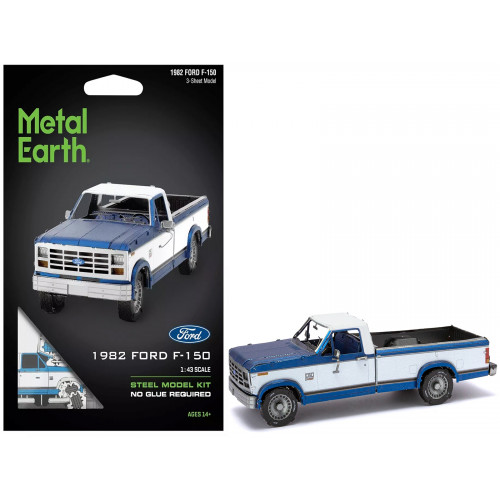 Model Kit 1982 Ford F-150 Pickup Truck Blue and White (Moderate Difficulty) Steel Model by Metal Earth