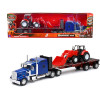 Kenworth W900 Truck with Flatbed Trailer Blue Metallic with Farm Tractor Red