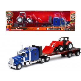 Kenworth W900 Truck with Flatbed Trailer Blue Metallic with Farm Tractor Red 