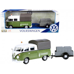 Volkswagen T1 Pickup with Canopy Green and White with Trailer 