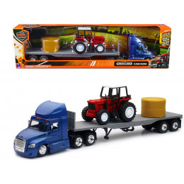 Freightliner Cascadia with Flatbed Trailer Blue with Farm Tractor Red and Hay Bales 