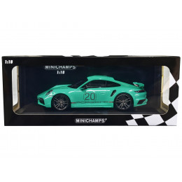 2021 Porsche 911 Turbo S with SportDesign Package #20 Green with Silver Stripes Limited Edition to 504 pieces Worldwide 1/18 Diecast Model Car by Minichamps
